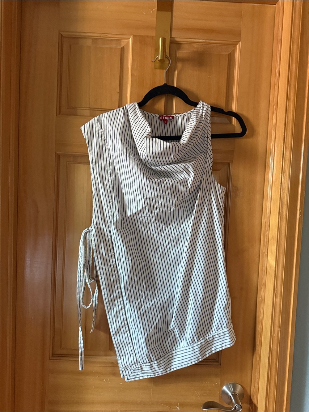 STAUD Black and White Pinstripe Cowl-Neck Sleeveless Top